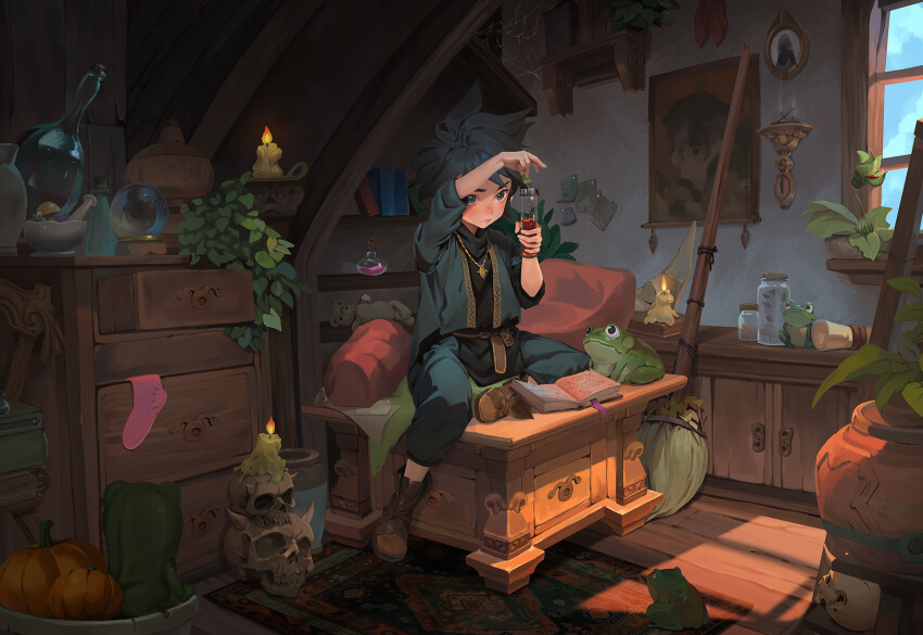 1boy absurdly_detailed_composition amulet arm_up bedroom belt black_hair blue_pants blue_shirt blue_sky blush book bookshelf boots broom brown_boots candle celestra chest_of_drawers closed_mouth cloud commentary crystal_ball day drawer english_commentary frog full_body glass_bottle gold_trim grey_eyes highres holding holding_leaf holding_potion horns indoors jar jug_(bottle) leaf loaded_interior mortar_(bowl) mushroom on_table open_book open_drawer original painting_(object) pants pestle pillow pink_socks plant potion potted_plant pumpkin rug scenery shirt short_hair silk sitting skull sky socks solo spider_web stuffed_animal stuffed_toy table teddy_bear unworn_socks window window_shadow wooden_floor