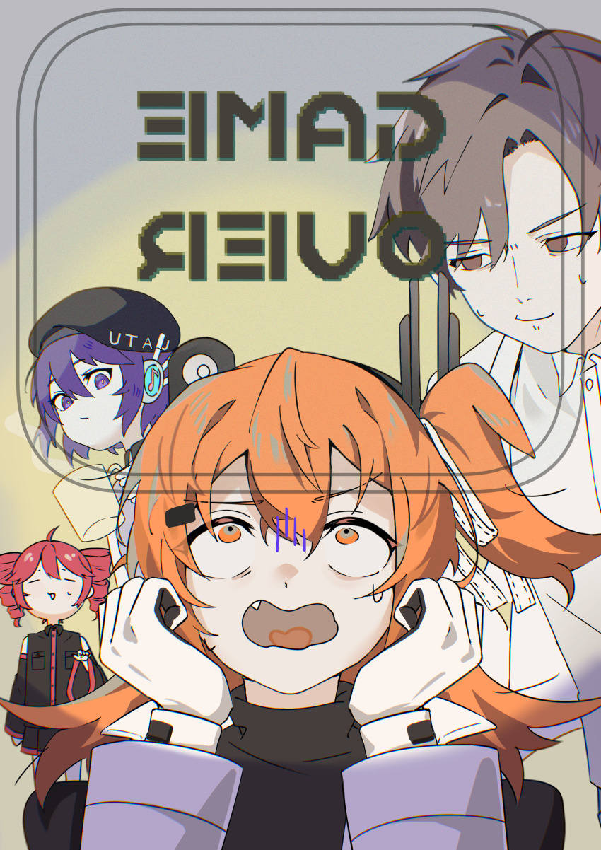 1boy 3girls absurdres adachi_rei ahoge beret black_hat black_shirt brown_eyes brown_hair cevio closed_eyes closed_mouth constricted_pupils cup drill_hair fang game_over gloves grey_shorts hair_between_eyes hair_ribbon hands_up hat headlamp highres holding holding_cup kasane_teto long_sleeves looking_at_another looking_up mug multiple_girls one_side_up open_mouth orange_eyes orange_hair purple_eyes purple_hair radio_antenna red_hair ribbon senri_(hrydy_o) shirt shorts standing takahashi_amato twin_drills upper_body utane_uta utau wavy_mouth white_gloves white_ribbon white_shirt