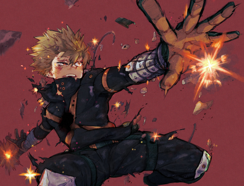 1boy absurdres bakugou_katsuki black_bodysuit black_gloves black_pants blonde_hair blood blood_on_face bodysuit boku_no_hero_academia commentary_request cou_(captain_armstrong) explosion floating_hair gloves heterochromia highres knee_pads looking_to_the_side male_focus open_mouth orange_eyes pants red_background red_eyes red_gloves short_hair solo teeth torn_clothes two-sided_gloves