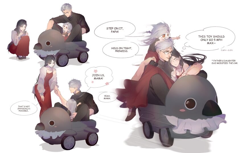 1boy 2girls black_shirt brown_hair dress family glasses highres jacket long_sleeves love_and_deepspace multiple_girls multiple_views ng_ai0 pants protagonist_(love_and_deepspace) red_dress red_eyes shirt short_hair sitting speech_bubble sylus_(love_and_deepspace) thinking toy_car white_hair white_jacket