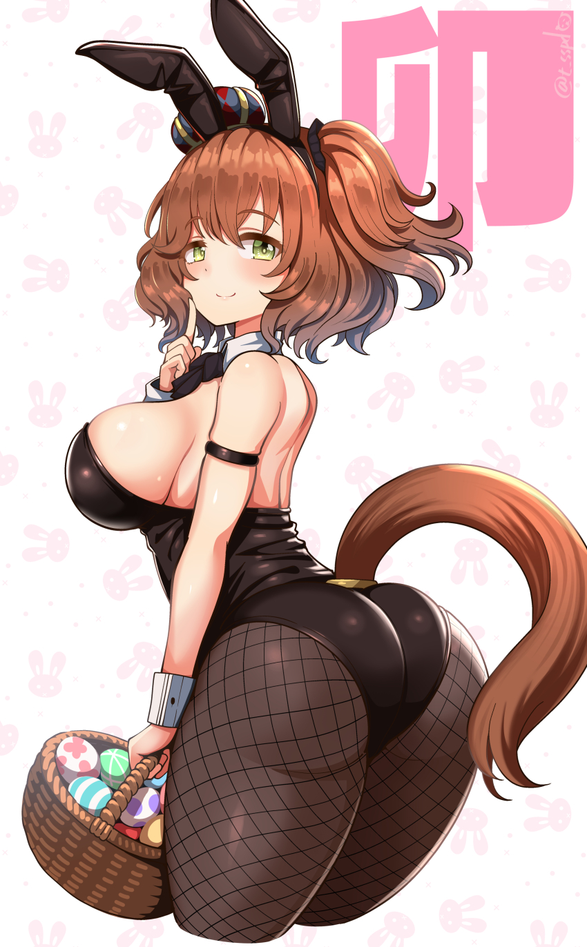 1girl absurdres animal_ears ass aston_machan_(umamusume) basket black_leotard black_pantyhose black_scrunchie breasts brown_hair cropped_legs crown detached_collar easter_egg egg fake_animal_ears fishnet_pantyhose fishnets green_eyes hair_between_eyes hair_ornament hair_scrunchie highleg highleg_leotard highres holding holding_basket horse_ears horse_girl horse_tail large_breasts leotard looking_at_viewer medium_hair mini_crown one_side_up pantyhose playboy_bunny rabbit_ears scrunchie sekai_saisoku_no_panda smile solo strapless strapless_leotard tail umamusume white_wrist_cuffs wrist_cuffs