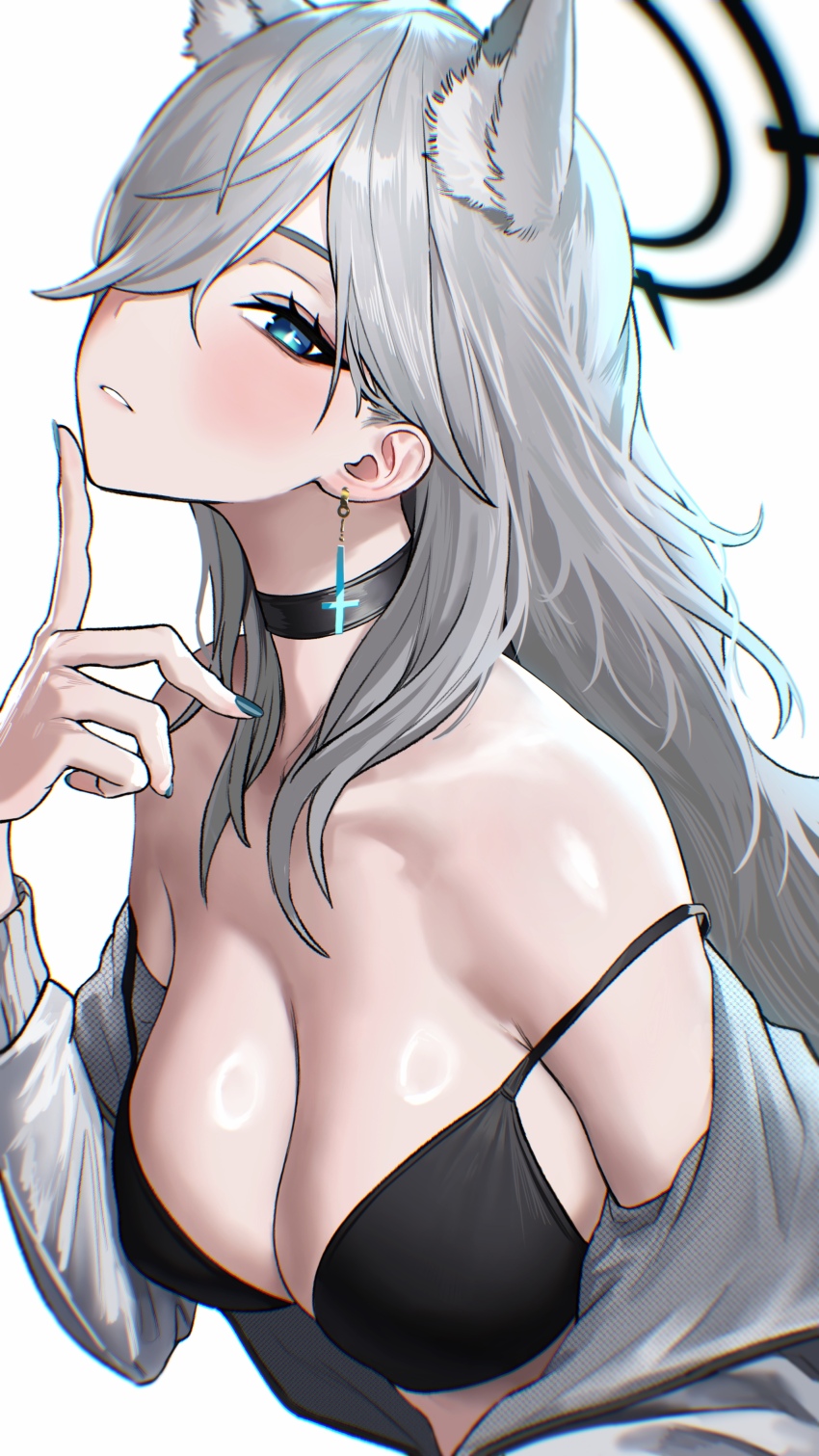 1girl absurdres alternate_costume animal_ear_fluff animal_ears bare_shoulders bikini black_bikini black_choker black_halo blue_archive blue_eyes blush breasts choker cleavage commentary_request cross cross_earrings earrings extra_ears grey_hair grey_jacket halo highres inverted_cross_earrings jacket jewelry kazane-wind large_breasts long_hair long_sleeves looking_at_viewer off_shoulder shiroko_(blue_archive) shiroko_terror_(blue_archive) simple_background solo strap_slip swimsuit upper_body white_background wolf_ears wolf_girl