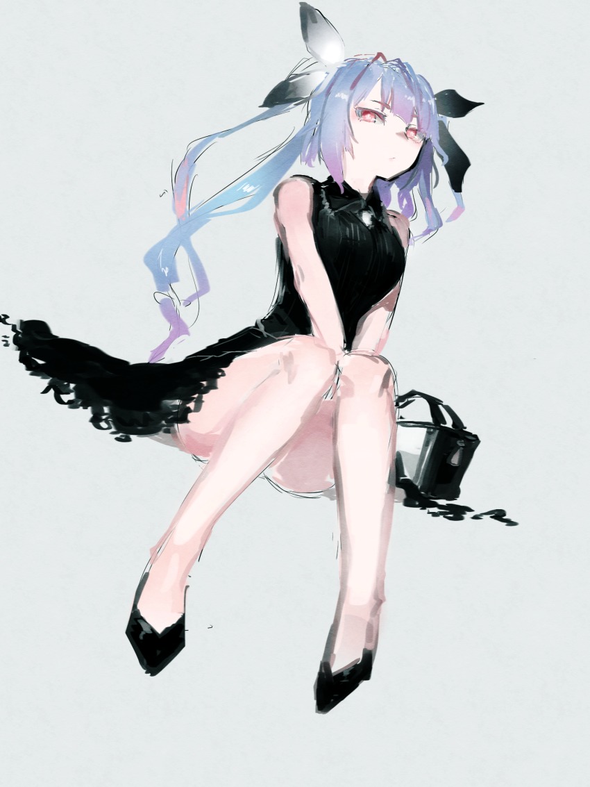 1girl agtt25333 alternate_costume ass black_dress black_ribbon blue_hair breasts closed_mouth dress female_focus flower-shaped_pupils grey_background hair_ornament hair_ribbon high_heels highres i-19_(kancolle) kantai_collection large_breasts long_hair pumps red_eyes ribbon sidelocks simple_background sitting solo star-shaped_pupils star_(symbol) symbol-shaped_pupils thighs twintails