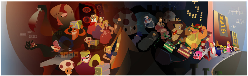 3girls 6+boys arms_up baseball_cap black_hair bowser brooch clenched_teeth cloud_strife crash_bandicoot crash_bandicoot_(series) creature denim donkey_kong donkey_kong_(series) donkey_kong_country elbow_gloves everyone facial_hair final_fantasy full_body game_console gem gloves hat highres holding holding_sword holding_weapon horns jeans jewelry kirby kirby_(series) link long_image long_sleeves luigi mario mario_(series) multiple_boys multiple_girls mushroom mustache necktie nintendo overalls pants playstation_3 princess_peach queue red_hair red_necktie sidewalk super_mario_bros._1 super_smash_bros. sword teeth tetra the_legend_of_zelda the_legend_of_zelda:_the_wind_waker toad_(mario) tunic unsheathed walking wario wario_land weapon white_gloves wide_image wii
