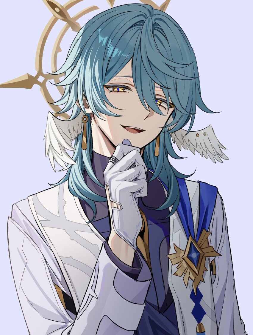 1boy black_shirt blue_background blue_hair earrings feathered_wings gloves hair_between_eyes halo halo_behind_head head_wings highres honkai:_star_rail honkai_(series) jacket jewelry long_sleeves looking_at_viewer making-of_available male_focus medium_hair open_mouth piercing seyanaso shirt simple_background solo sunday_(honkai:_star_rail) teeth upper_body upper_teeth_only white_gloves white_jacket white_wings wing_piercing wings yellow_eyes