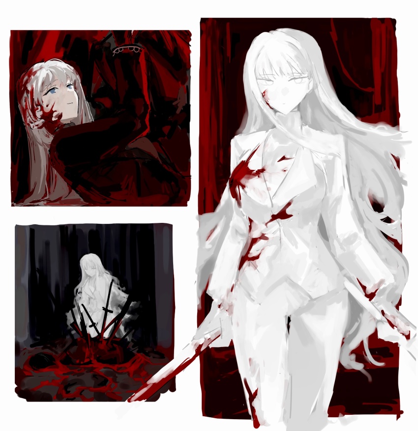 1boy 1girl angelica_(project_moon) bad_end blood blue_eyes closed_mouth colored_skin cowboy_shot death ghost highres holding holding_weapon jacket library_of_ruina long_hair multiple_views project_moon rai_(r2718281) roland_(project_moon) smile spoilers sword very_long_hair weapon white_eyes white_hair white_jacket white_skin