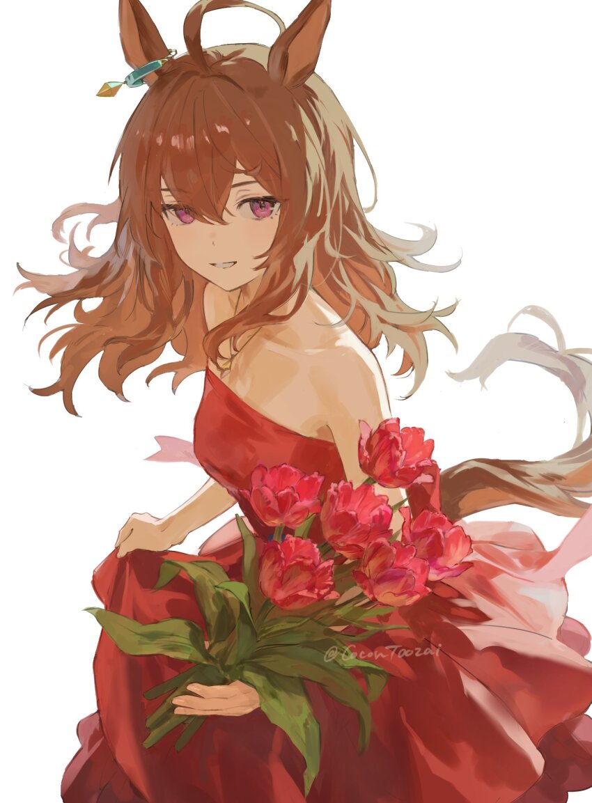 1girl ahoge animal_ears bare_shoulders bouquet breasts brown_hair clothes_grab cocontoozai collarbone commentary_request dress dress_grab earrings flower hair_between_eyes highres holding holding_bouquet horse_ears horse_girl horse_tail jewelry long_hair medium_breasts mihono_bourbon_(umamusume) necklace parted_lips pendant purple_eyes red_dress red_flower red_tulip simple_background single_earring skirt_hold smile solo strapless strapless_dress tail tulip twitter_username umamusume white_background