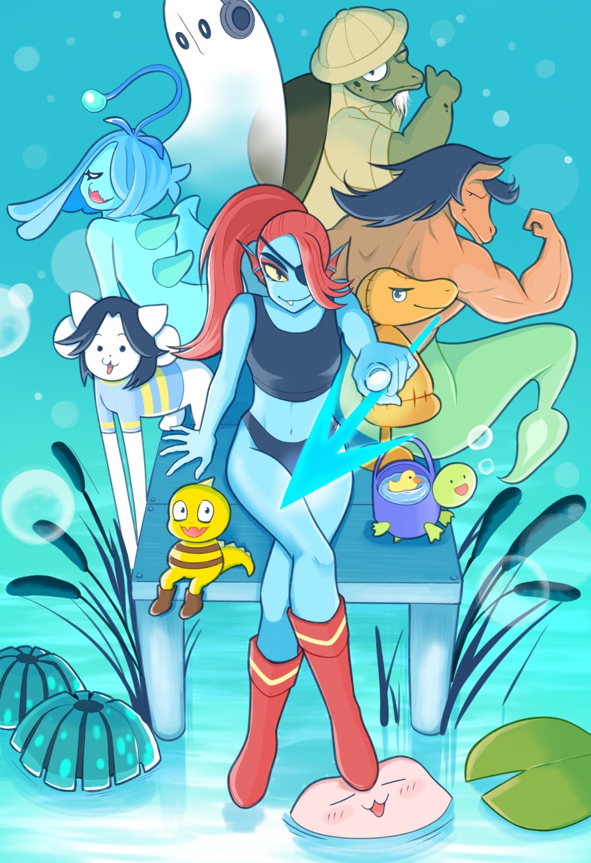 aaron_(undertale) absurdres blush boots cattail eyepatch facial_hair fang ferry_(undertale) fins gerson hair_over_one_eye hat head_fins headphones highres lily_pad mad_dummy_(undertale) moldsmal monster_kid_(undertale) napstablook navel nishiakari open_mouth plant pointing pointing_at_viewer red_footwear red_hair shyren sitting temmie undertale undyne white_hair woshua