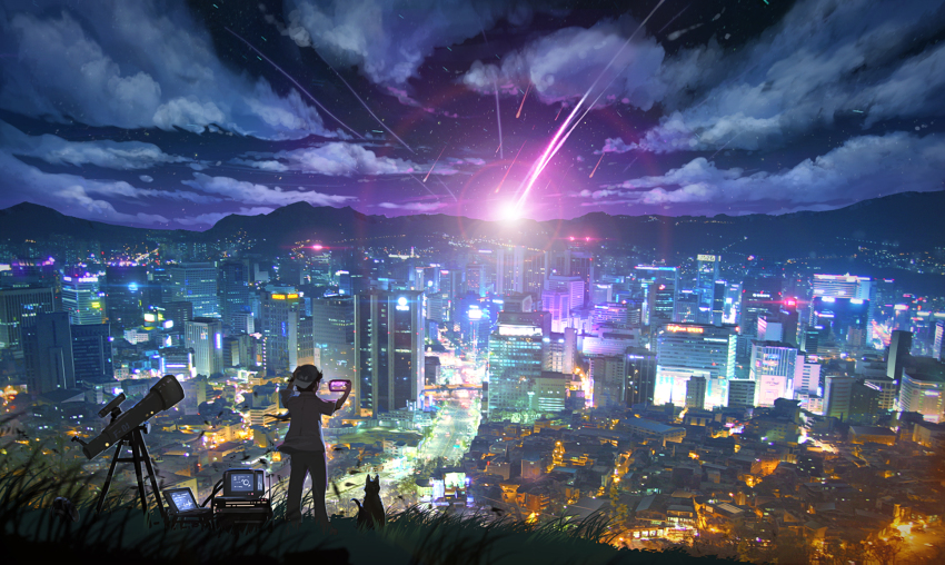 1boy black_hair building cat cellphone city city_lights cityscape cloud cloudy_sky commentary computer english_commentary from_above from_behind highres highway holding holding_phone landscape laptop lens_flare heavy_lens_flare location_request meteor_shower monitor mountainous_horizon neon_sign night night_sky original phone scenery shirt shooting_star short_hair sky skyline skyscraper stargazing taegong92 telescope white_shirt