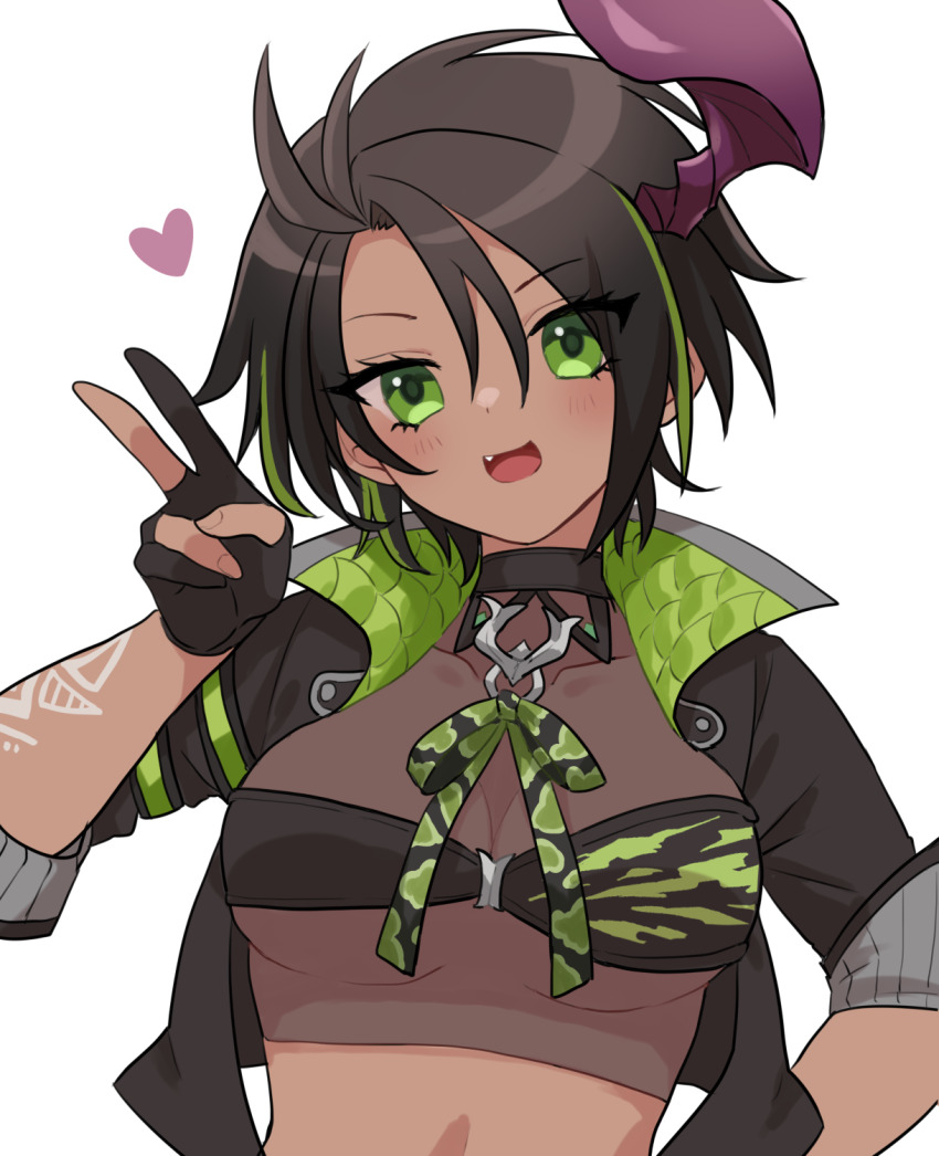 1girl aragami_oga black_choker black_hair blush breasts choker cleavage collarbone commentary_request cropped_jacket dark-skinned_female dark_skin eyelashes fang genderswap genderswap_(mtf) gloves green_eyes green_hair heart high_collar highres holostars horns looking_at_viewer medium_breasts mioto_(tsubsq_m) multicolored_hair open_mouth partially_fingerless_gloves see-through_clothes see-through_cleavage see-through_shirt short_hair single_horn solo streaked_hair underboob upper_body v virtual_youtuber white_background