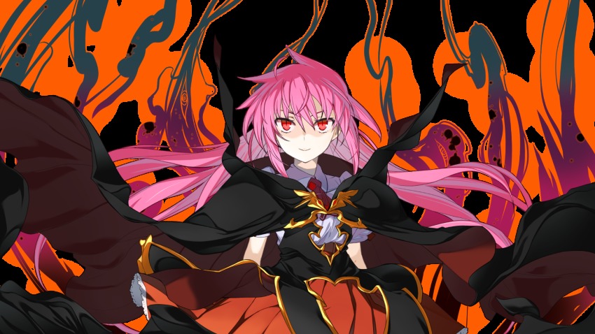 1girl cloak collar female_focus highres kurusu_miki little_princess_(alicesoft) little_princess_miki long_hair looking_at_viewer necktie official_art pink_hair rance_(series) rance_x red_eyes skirt smile solo transparent_background