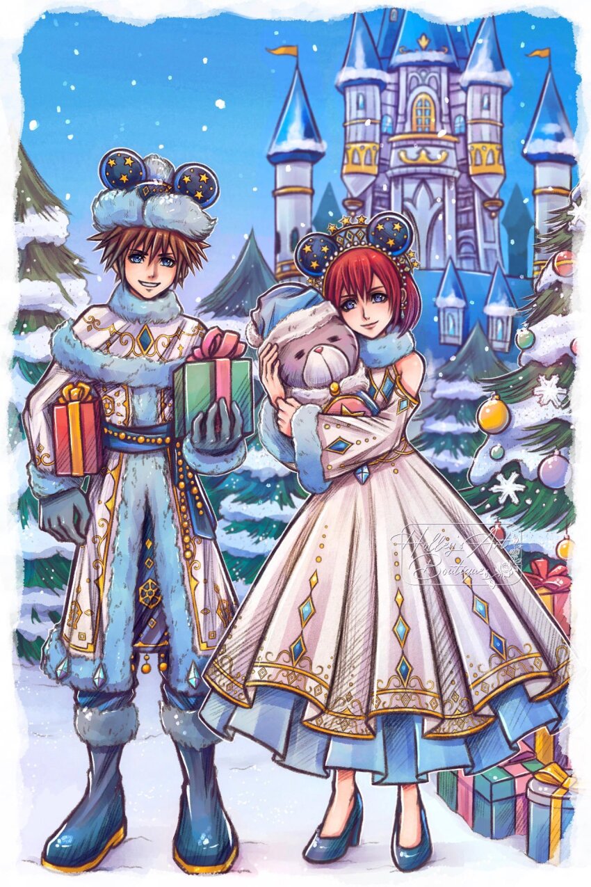 1boy 1girl alternate_costume blue_eyes blue_footwear blue_gloves blue_hat boots box brown_hair castle chirithy christmas christmas_tree closed_mouth commentary creature disney dress english_commentary full_body fur-trimmed_headwear fur_trim gift gift_box gloves grin hat head_tilt high_heels highres holding holding_creature holding_gift hollypolllyy kairi_(kingdom_hearts) kingdom_hearts kingdom_hearts_iii looking_at_viewer mickey_mouse_ears pointy_hair red_hair santa_hat short_hair smile snow snowing sora_(kingdom_hearts) tree white_dress