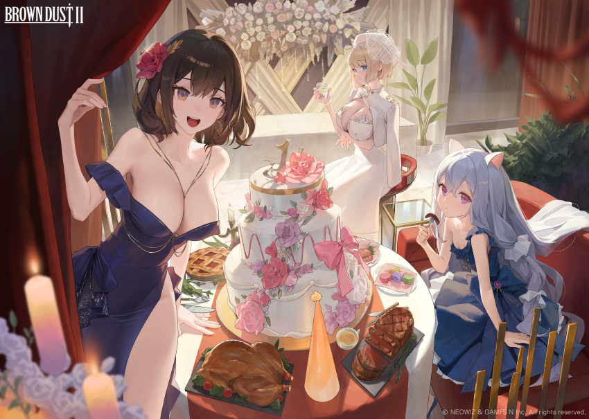 3girls absurdres anniversary arm_support armpits asparagus bar_stool blonde_hair blue_dress blue_eyes blue_footwear blurry blurry_foreground bouquet breasts brown_dust_(series) brown_dust_2 brown_eyes brown_hair cake candle candlelight chicken_(food) cleavage copyright_name couch cup dress eating flower food fork grey_hair hair_flower hair_ornament highres holding holding_cup holding_fork jewelry justia_(brown_dust) knife large_breasts long_hair looking_at_viewer macaron medium_hair multiple_girls necklace necklace_between_breasts official_art on_couch pie pink_flower plant potted_plant purple_eyes purple_flower red_flower rou_(brown_dust) scheherazade_(brown_dust) second-party_source side_slit sitting small_breasts steak stool tray unworn_sleeves very_long_hair white_dress white_flower xi_xeong