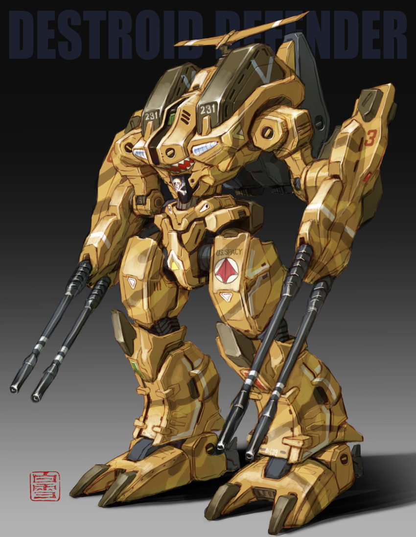 absurdres arm_cannon artist_logo beam_cannon character_name choujikuu_yousai_macross commentary defender_(macross) destroid dual_arm_cannons gradient_background highres insignia logo macross macross:_do_you_remember_love? maeda_hiroyuki mecha no_humans nose_art radar redesign robot science_fiction shark_nose_art skull_and_crossbones solo standing u.n._spacy weapon