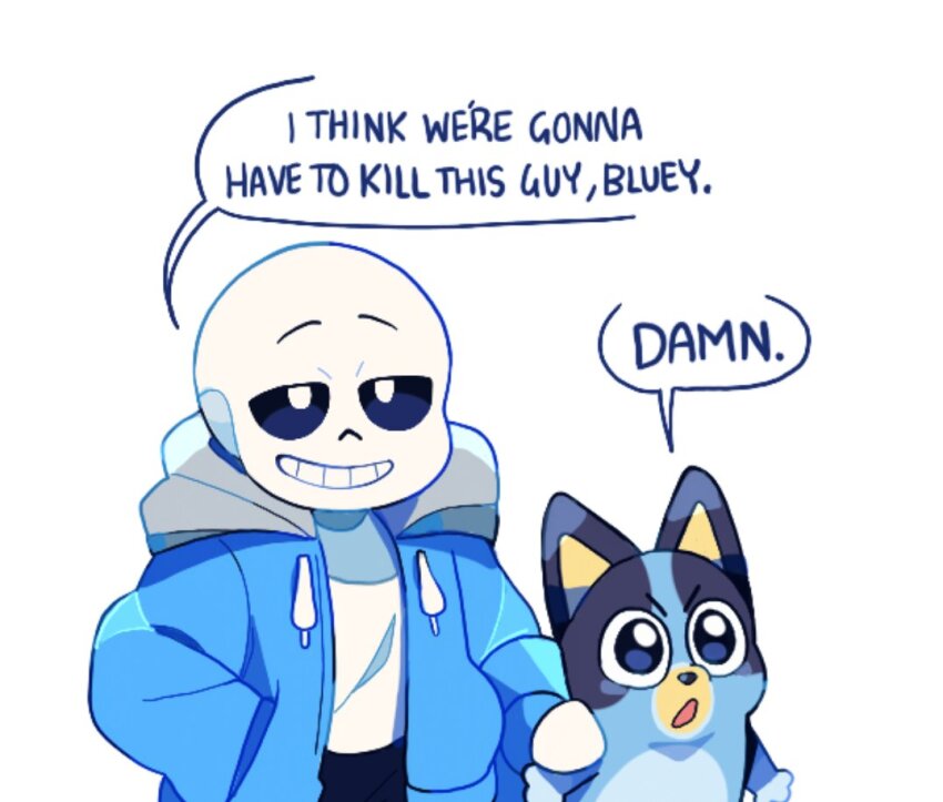 1boy 1girl blue_jacket bluey bluey_heeler bright_pupils commentary crossover english_commentary english_text furry furry_female hood hooded_jacket i_think_we&#039;re_gonna_have_to_kill_this_guy_steven_(meme) jacket meme open_mouth sans_(undertale) simple_background skeleton sleepy_cheeky smile speech_bubble standing undertale white_background white_pupils
