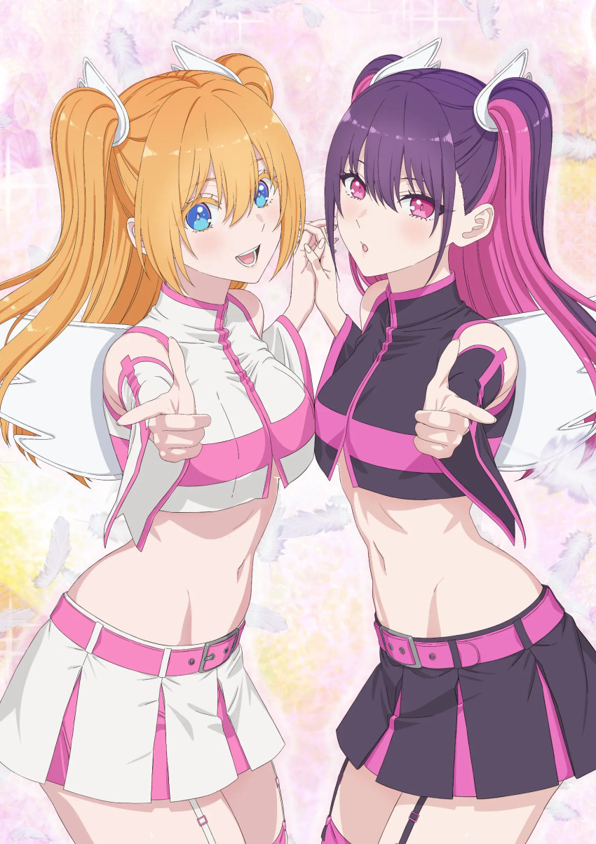 2.5_jigen_no_ririsa 2girls amano_ririsa belt blonde_hair blue_eyes breast_press breasts colored_eyelashes cosplay crop_top detached_sleeves fake_wings fanged_bangs garter_straps hair_between_eyes hair_ornament high_collar highres holding_hands key_visual liliel_(2.5_jigen_no_ririsa) liliel_(2.5_jigen_no_ririsa)_(cosplay) long_hair looking_at_viewer midriff miniskirt miriella_(2.5_jigen_no_ririsa) miriella_(2.5_jigen_no_ririsa)_(cosplay) multicolored_hair multicolored_skirt multiple_girls navel official_art open_mouth pink_belt pink_eyes pink_garter_straps pink_hair pink_shirt pink_skirt pink_thighhighs pointing pointing_at_viewer promotional_art purple_hair purple_shirt purple_skirt shirt skirt sleeveless sleeveless_shirt small_breasts stomach symmetrical_docking tachibana_mikari thighhighs two-tone_hair webp-to-png_conversion white_garter_straps white_skirt wing_hair_ornament wings zettai_ryouiki