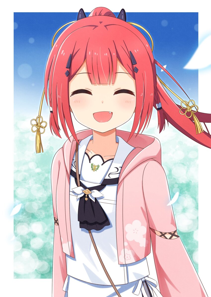 1girl :d ^_^ ascot black_ascot blunt_bangs blush border center-flap_bangs cherry_blossom_print closed_eyes commentary_request daimanzoku! facing_viewer fang floating_hair floral_print floral_print_kimono hair_ornament hairclip happy happy_tears highres hood hood_down hooded_kimono japanese_clothes kamiyama_shiki kimono long_hair open_clothes open_kimono open_mouth outside_border ponytail print_kimono red_hair sailor_collar school_uniform serafuku shirt skirt smile solo summer_pockets summer_pockets_school_uniform tassel tassel_hair_ornament tears upper_body white_border white_sailor_collar white_serafuku white_shirt white_skirt