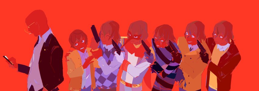 absurdres age_progression aged_down akechi_gorou bald black_bodysuit black_gloves black_jacket black_mask_(persona_5) blue_pants blue_shirt blue_sweater_vest bodysuit brown_coat brown_hair cellphone checkered_clothes coat collared_shirt crow_(persona_5) crying dress_shirt epaulettes evil_smile facial_hair from_side glasses gloves gun hand_in_pocket hand_on_another&#039;s_shoulder highres holding holding_another&#039;s_wrist holding_gun holding_phone holding_weapon jacket lapels light_frown looking_at_phone male_focus medium_hair necktie pants persona persona_5 phone red_mask red_theme shegnanny shidou_masayoshi shirt smile smoking striped_necktie stubble suit_jacket sweater_vest time_paradox torn_clothes weapon white_gloves white_shirt yellow_shirt