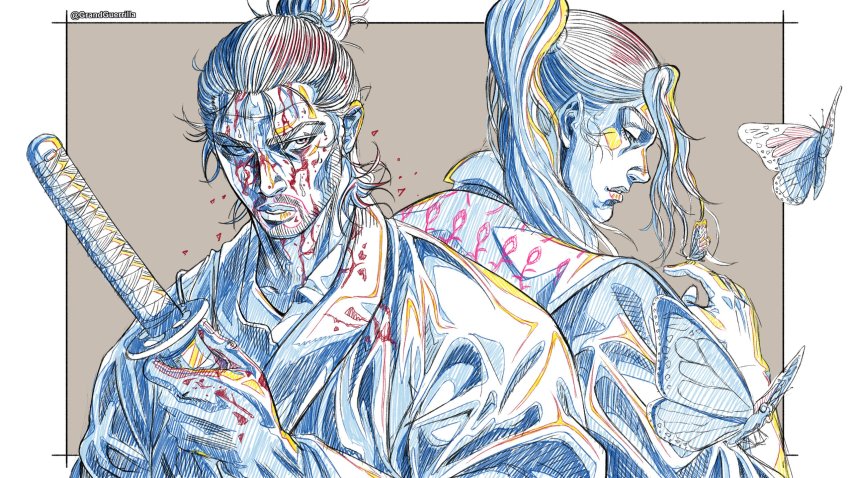 2boys berserk blood blue_theme bug butterfly butterfly_on_hand grandguerrilla hair_bun highres holding holding_sword holding_weapon insect katana long_hair looking_at_viewer miyamoto_musashi_(vagabond) multiple_boys parted_lips ponytail sanpaku sasaki_kojirou_(vagabond) scabbard sheath single_hair_bun sword twitter_username unsheathing vagabond weapon