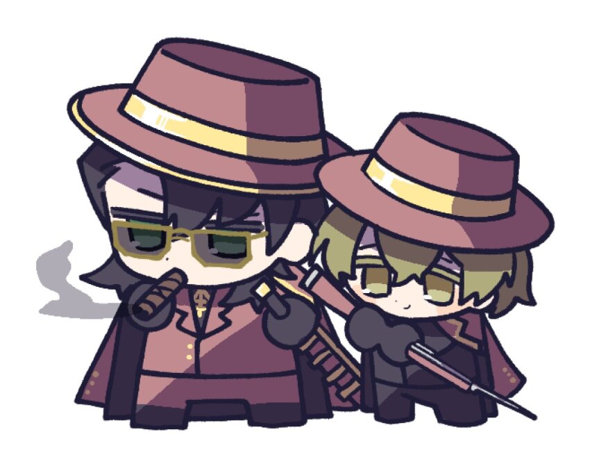 2boys alternate_costume black_eyes black_gloves black_hair blonde_hair bolt_action chibi cigar formal_clothes full_body gloves gun hat height holding holding_cigar holding_gun holding_weapon limbus_company male_focus meursault_(project_moon) multiple_boys nantekottawo!! official_alternate_costume project_moon red_suit short_hair sinclair_(project_moon) suit sunglasses sword thumb_(identity)_(project_moon) weapon white_background yellow_eyes