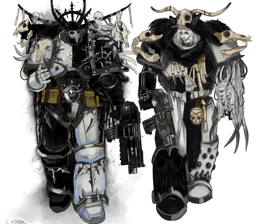 2girls absurdres adeptus_astartes armor black_armor black_sclera bolter breastplate capelet chaos_(warhammer) chaos_space_marine claws colored_sclera eight-pointed_star full_body fur_capelet gauntlets genderswap genderswap_(mtf) gun highres holding holding_gun holding_weapon kkghost_tv leg_armor looking_at_viewer malice_(cult) multiple_girls pale_skin pauldrons power_armor sharp_teeth shoulder_armor single_gauntlet skull skull_on_head solo sons_of_malice standing teeth twitter_username warhammer_40k weapon white_armor white_background white_eyes white_hair
