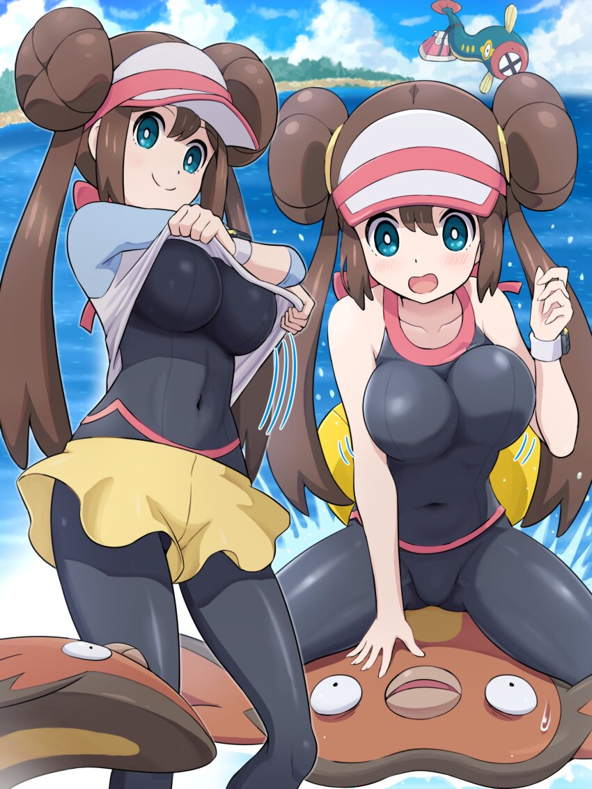 1girl 2024_pokemon_teraleak :o absurdres black_pantyhose blue_eyes breasts brown_hair commentary_request covered_navel donut_hair_bun double_bun eelektrik gen_5_pokemon groin hair_bun highres impossible_clothes impossible_shirt large_breasts long_hair nintendo outdoors pantyhose pantyhose_under_shorts pokemoa pokemon pokemon_bw2 raglan_sleeves rosa_(pokemon) shirt short_shorts shorts sidelocks skin_tight smile stunfisk twintails undressing very_long_hair visor_cap watch water wristwatch yellow_shorts