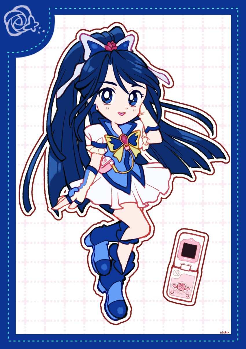 1girl animal_print blue_boots blue_border blue_bow blue_eyes blue_hair blue_shorts blue_vest boots border bow bowtie butterfly_earrings butterfly_print cellphone collared_vest cure_aqua deformed dot_nose dotted_line dress earrings elbow_gloves eyelashes fingerless_gloves flip_phone floral_print flower frilled_sleeves frills full_body gloves grid_background hair_bow hair_flower hair_ornament hand_in_own_hair happy high_collar high_heel_boots high_heels high_ponytail highres jewelry long_hair magical_girl minazuki_karen open_mouth outline phone pink_bag pink_flower pink_rose pleated_dress ponytail precure puffy_short_sleeves puffy_sleeves red_brooch rose rose_print short_dress short_sleeves shorts shorts_under_dress signature smile solo swept_bangs tareme teeth upper_teeth_only uwded_207 very_long_hair vest waist_bag white_background white_dress white_gloves white_outline yellow_bow yellow_bowtie yes!_precure_5 yes!_precure_5_gogo!