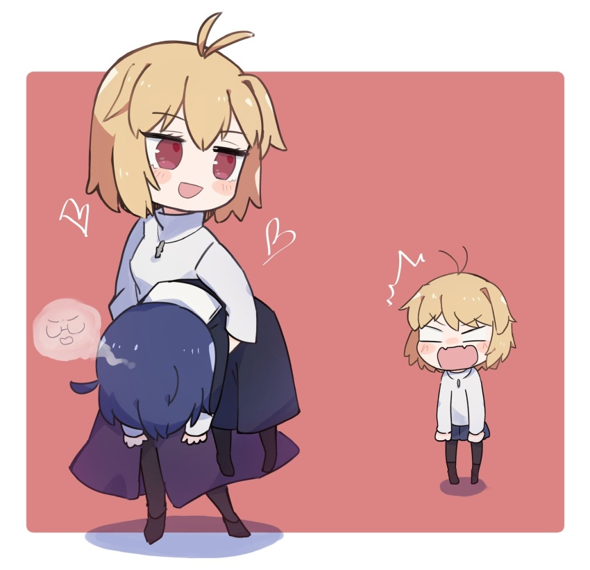 3girls ahoge arcueid_brunestud blonde_hair blue_hair blue_skirt blush boots carrying carrying_person chibi ciel_(tsukihime) dark_persona dress dual_persona glasses heart highres jewelry kouta_(kesigomutopen) multiple_girls necklace nun pantyhose purple_skirt red_arcueid red_eyes short_hair simple_background skirt smile surprised sweater tsukihime tsukihime_(remake) turtleneck turtleneck_sweater unconscious