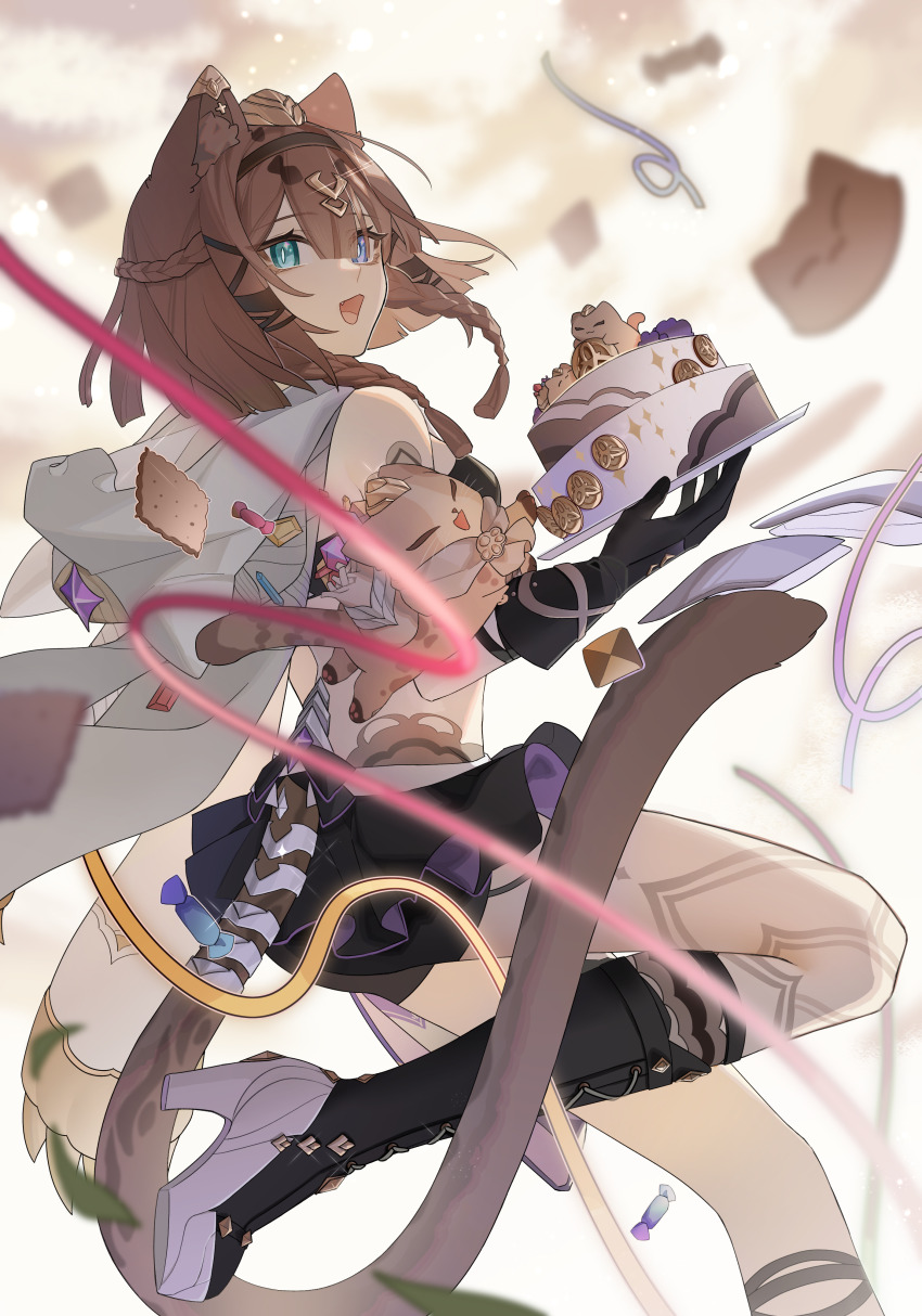 1girl absurdres animal_ears birthday_cake black_footwear black_gloves black_shorts blue_eyes boots braid brown_hair cake cake_decoration can_(honkai_impact) cat cat_ears cat_girl cat_tail chinese_commentary commentary_request food gloves green_eyes hair_between_eyes heterochromia high_heel_boots high_heels highres holding holding_cake holding_food honkai_(series) honkai_impact_3rd open_mouth pardofelis pardofelis_(reverist_calico) sanseling second-party_source short_hair short_shorts shorts tail thighs twin_braids