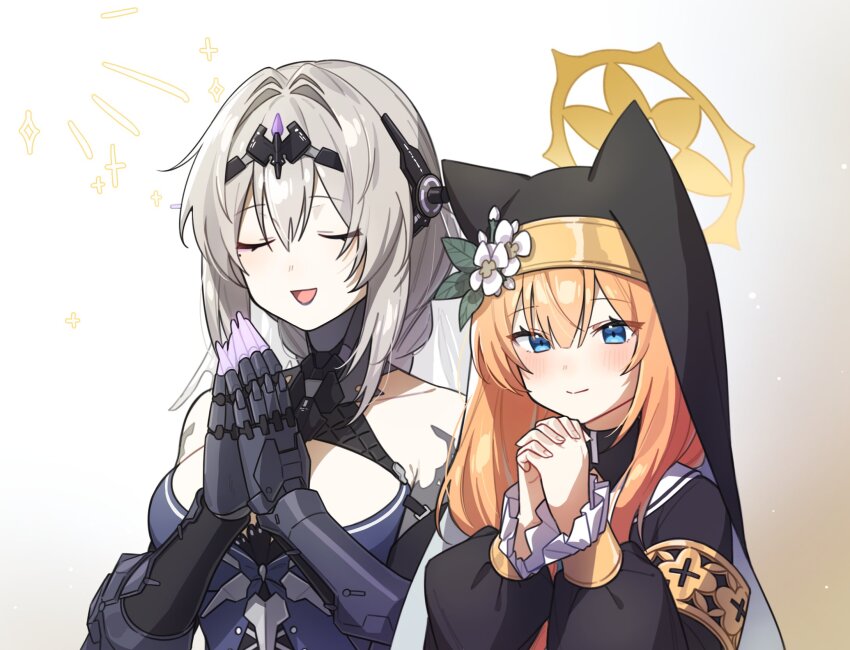 2girls animal_ears armband bare_shoulders bianca:_stigmata_(pgr) bianca_(pgr) black_bodysuit black_veil blue_archive blue_eyes bodysuit braid braided_ponytail breasts circlet cleavage closed_eyes closed_mouth crossover flower grey_hair habit hair_intakes halo hat hat_flower highres long_hair long_sleeves mari_(blue_archive) mechanical_arms medium_breasts multiple_girls myam_(123ab456c) open_mouth orange_hair own_hands_clasped own_hands_together praying punishing:_gray_raven veil