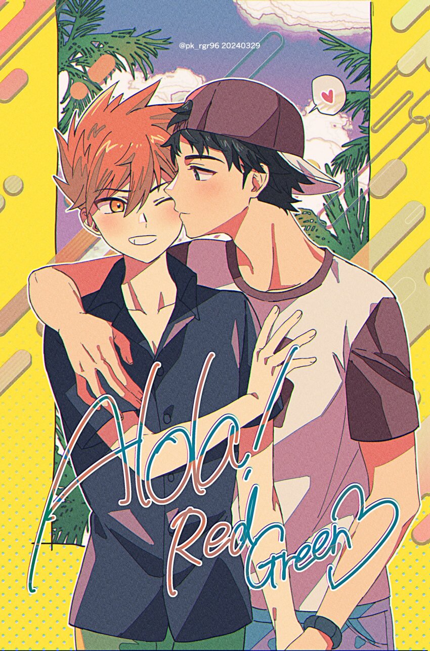 2boys arm_around_shoulder backwards_hat baseball_cap black_eyes black_hair black_shirt blue_oak blue_pants blush brown_eyes brown_hair character_name closed_mouth cloud collarbone collared_shirt commentary_request crew_neck denim green_pants grin hair_between_eyes hand_on_another&#039;s_chest hat heart highres holding_hands jeans looking_at_another looking_to_the_side male_focus multiple_boys nintendo one_eye_closed open_collar outdoors palm_tree pants pk_rgr96 pokemon pokemon_sm red_(pokemon) shirt short_hair short_sleeves sideways_glance sky smile speech_bubble spoken_heart t-shirt teeth tree twitter_username watch wristwatch yaoi