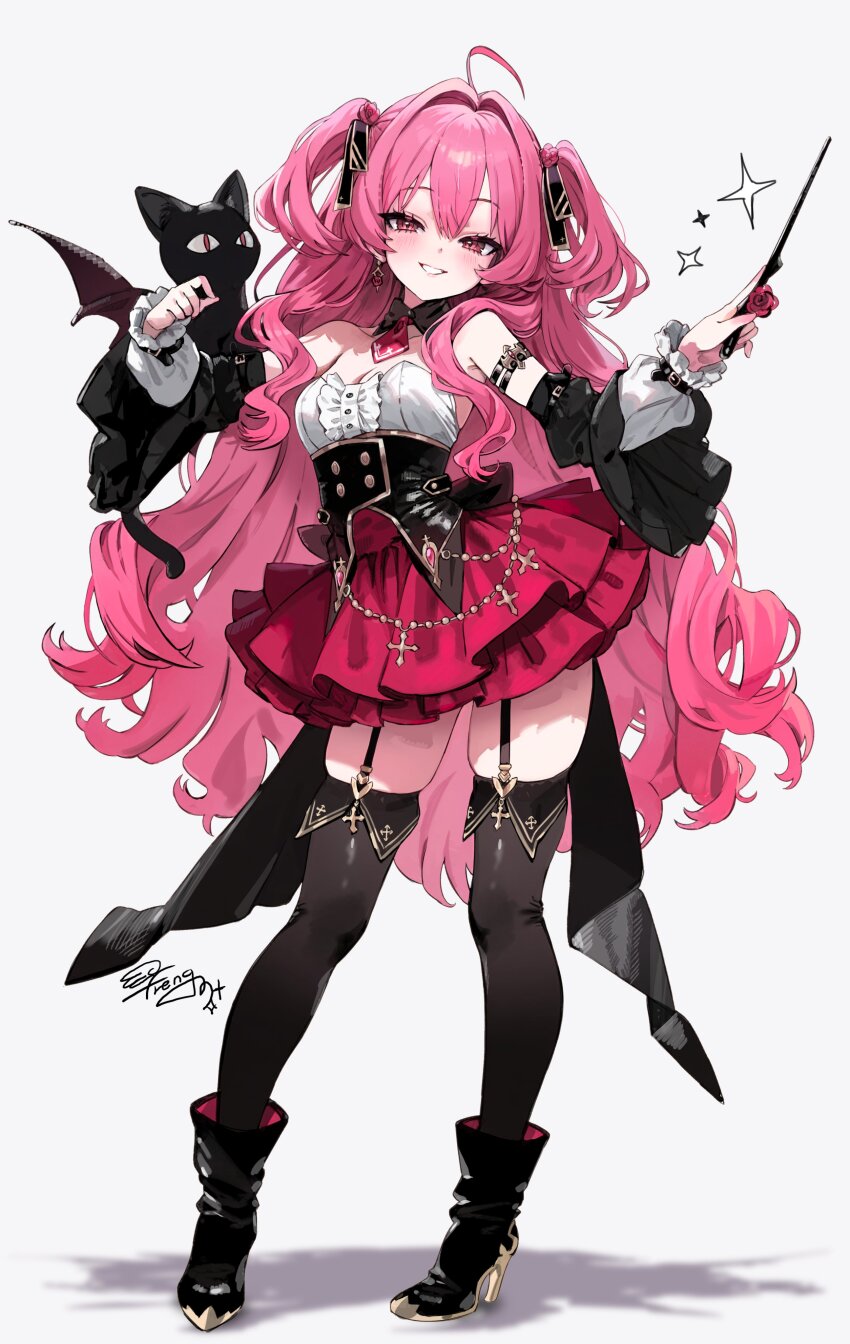 1girl absurdres ahoge animal_on_arm arm_belt armlet ascot black_cat black_footwear black_garter_straps black_sleeves black_thighhighs blush boots breasts cat center_frills detached_collar detached_sleeves earrings freng frills garter_straps grin hair_intakes highres holding holding_stick jewelry long_hair looking_at_viewer original pink_ascot pink_eyes pink_hair pink_skirt shirt signature simple_background skirt smile sparkle stick thighhighs thighs two_side_up underbust white_shirt