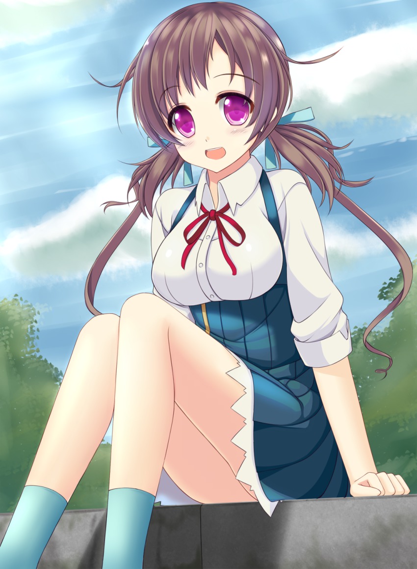 10s 1girl :d aomi_isara breasts brown_hair female_focus hair_ribbon highres koi_to_senkyo_to_chocolate large_breasts long_hair looking_at_viewer low_twintails open_mouth purple_eyes ribbon school_uniform sitting smile sogaya solo twintails underbust