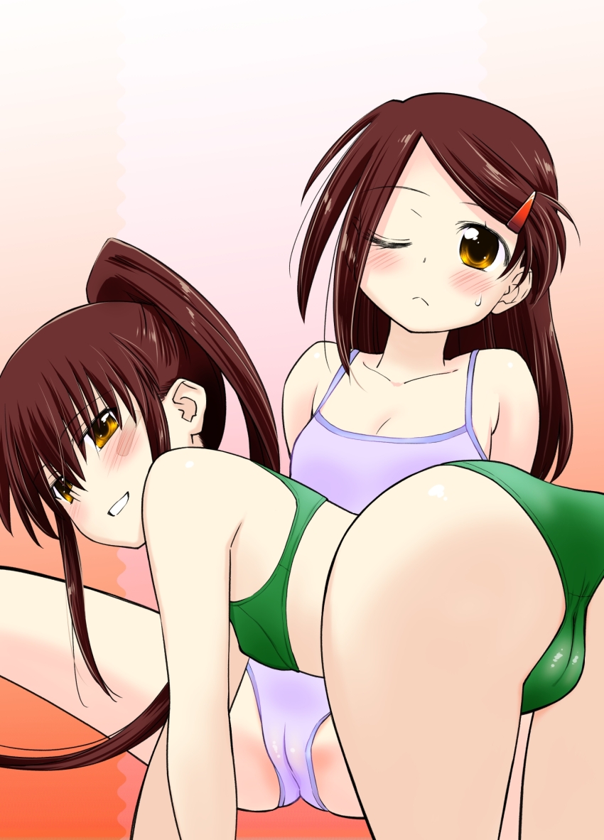 2girls brown_hair cleft_of_venus closed_mouth collarbone ditama_bow hair_ornament hairclip highres kissxsis looking_at_viewer multiple_girls official_art one_eye_closed open_mouth ponytail siblings sisters sitting suminoe_ako suminoe_riko teeth twins underwear yellow_eyes
