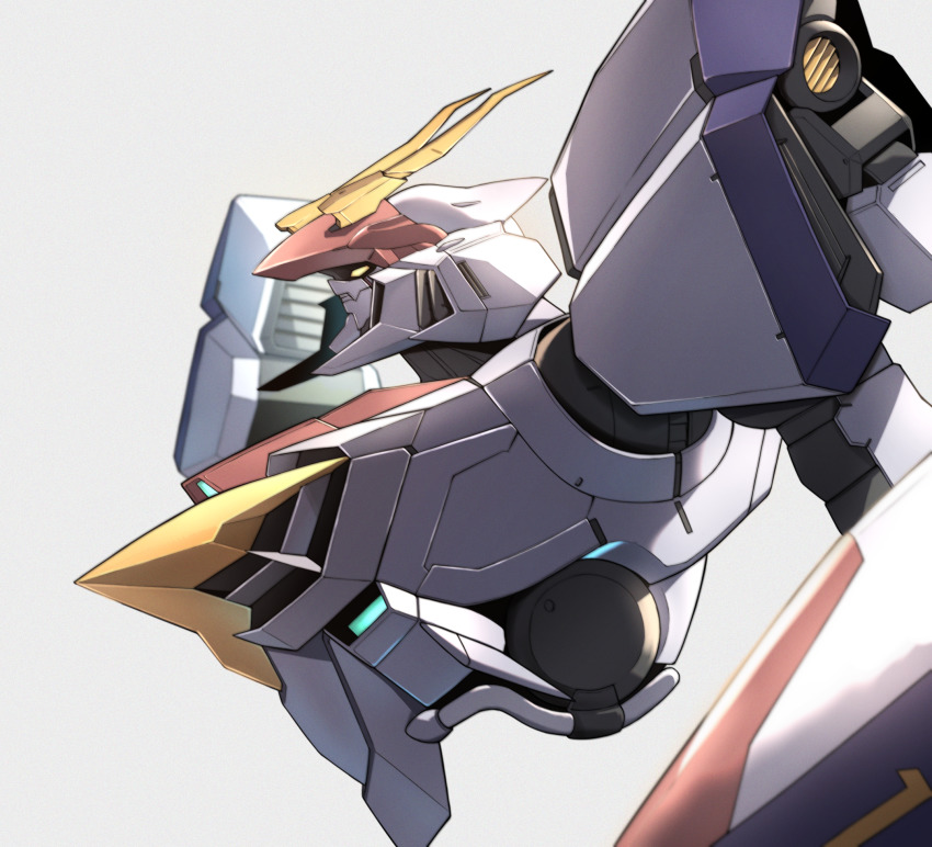 d-1 from_side grey_background highres kikou_senki_dragonar looking_ahead mecha no_humans robot science_fiction shield solo takahashi_masaki thrusters upper_body yellow_eyes