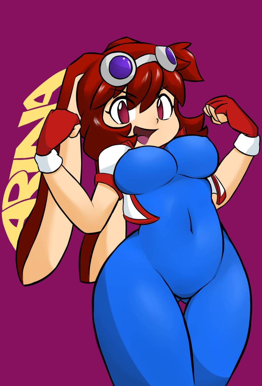 1girl animal_ears blue_unitard bob_cut breasts brown_hair character_name clenched_hands commentary covered_erect_nipples covered_navel cowboy_shot cropped_jacket curvy english_commentary fingerless_gloves gloves gluteal_fold hidden-cat highres jacket large_breasts looking_at_viewer makihara_arina open_clothes open_jacket purple_background rabbit_ears short_hair simple_background skin_tight solo thick_thighs thighs v-shaped_eyebrows waku_waku_7 white_jacket wide_hips