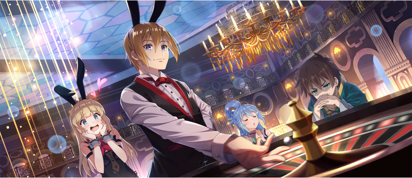 2boys 2girls animal_ear_hairband animal_ears aqua_(konosuba) arm_strap armpit_crease black_leotard black_vest blonde_hair blue_eyes blue_hair blunt_bangs blush bow bowtie breasts brown_hair cape casino cecily_(konosuba) chandelier closed_eyes closed_mouth clothing_cutout collar croupier detached_collar dress_shirt drooling fake_animal_ears furrowed_brow game_cg green_cape green_eyes hair_between_eyes hair_rings hairband hands_on_own_cheeks hands_on_own_face heart highres indoors interlocked_fingers kono_subarashii_sekai_ni_shukufuku_wo! konosuba!_fantastic_days large_breasts leotard light_smile long_hair looking_at_another looking_down mitsurugi_kyouya mouth_drool multiple_boys multiple_girls neckerchief official_alternate_costume official_art open_mouth own_hands_clasped own_hands_together playboy_bunny praying rabbit_ear_hairband rabbit_ears red_bow red_bowtie red_neckerchief roulette roulette_table satou_kazuma shaded_face shirt short_hair sidelocks single_hair_ring sitting standing strapless strapless_leotard table underboob_cutout v-shaped_eyebrows vest waistcoat white_collar white_shirt white_wrist_cuffs wrist_cuffs