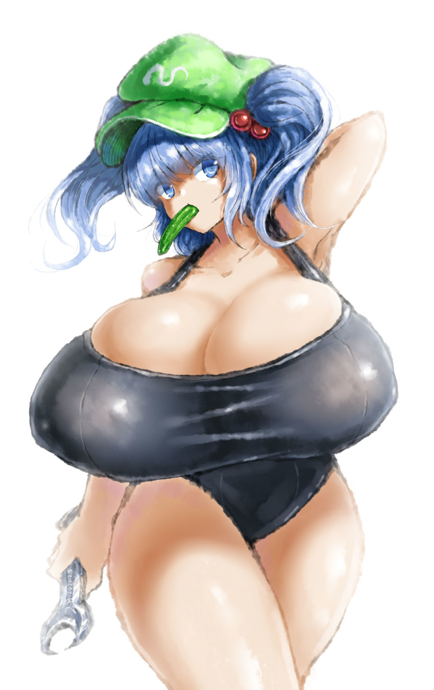 1girl 2b-ge blue_eyes blue_hair breasts cap competition_swimsuit cucumber gigantic_breasts highres kappa kawashiro_nitori one-piece_swimsuit school_swimsuit solo swimsuit thick_thighs thighs touhou wrench