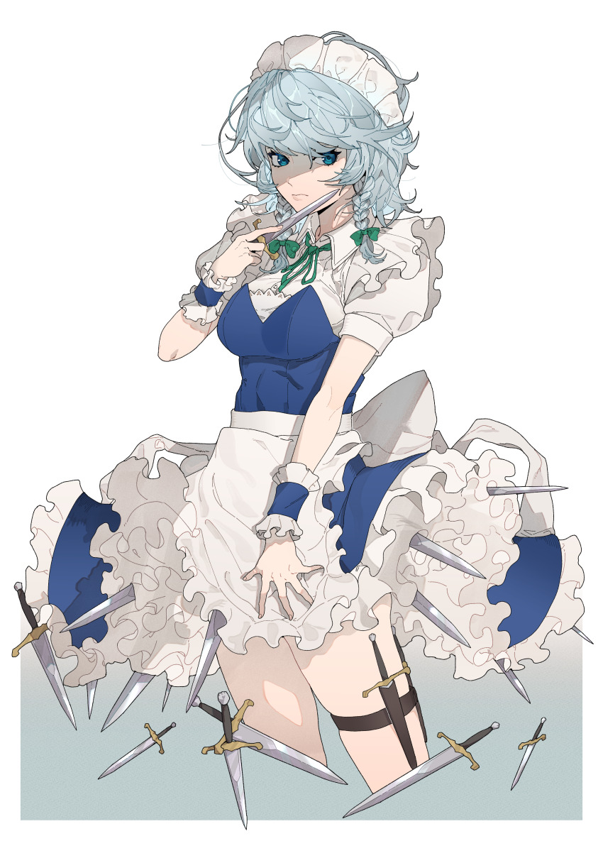 1girl absurdres apron back_bow blue_dress blue_eyes bow braid breasts closed_mouth commentary cowboy_shot cropped_legs dagger dress frilled_apron frilled_cuffs frills gradient_background green_bow green_ribbon grey_hair hair_bow highres holding holding_dagger holding_knife holding_weapon holster izayoi_sakuya knife maid maid_headdress medium_breasts neck_ribbon puffy_short_sleeves puffy_sleeves ribbon shimiya_jin short_hair short_sleeves solo thigh_holster touhou twin_braids waist_apron weapon white_apron white_headdress wrist_cuffs