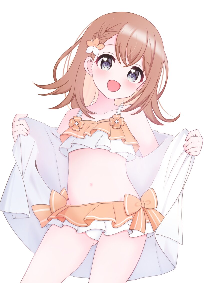 1girl :d absurdres bikini blush bow braid breasts brown_hair clover collarbone commentary_request contrapposto cowboy_shot crossed_bangs flower frilled_bikini frills gluteal_fold grey_eyes hair_behind_ear hair_flower hair_ornament hanasato_minori highres looking_at_viewer medium_hair multicolored_bikini my_diary navel open_clothes open_mouth open_shirt orange_bikini orange_bow project_sekai shirt side_braid simple_background small_breasts smile solo swimsuit thighs two-tone_bikini white_background white_bikini white_shirt