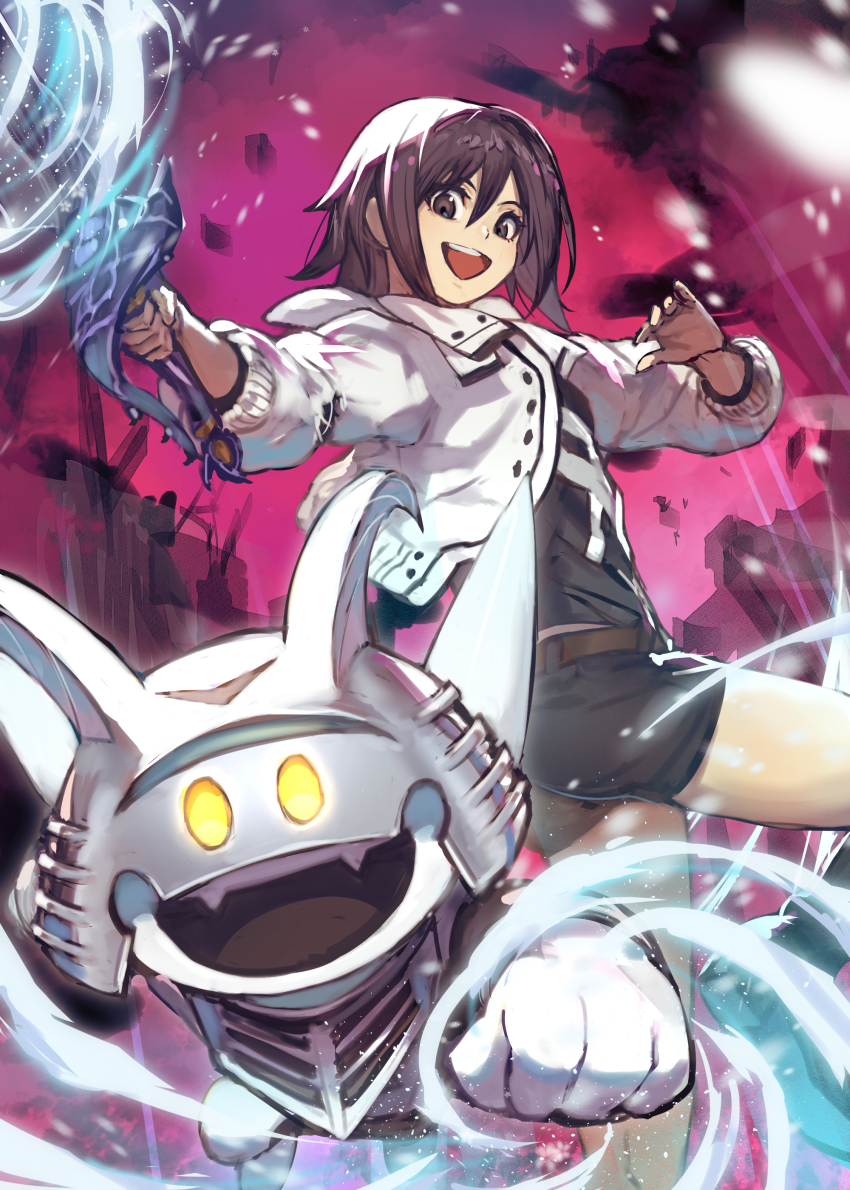 1girl absurdres demon female_protagonist_(smt_ldx2) hide_(hideout) highres holding holding_sword holding_weapon jack_frost_(megami_tensei) jacket open_clothes open_jacket shin_megami_tensei shin_megami_tensei:_liberation_dx2 short_hair sword weapon