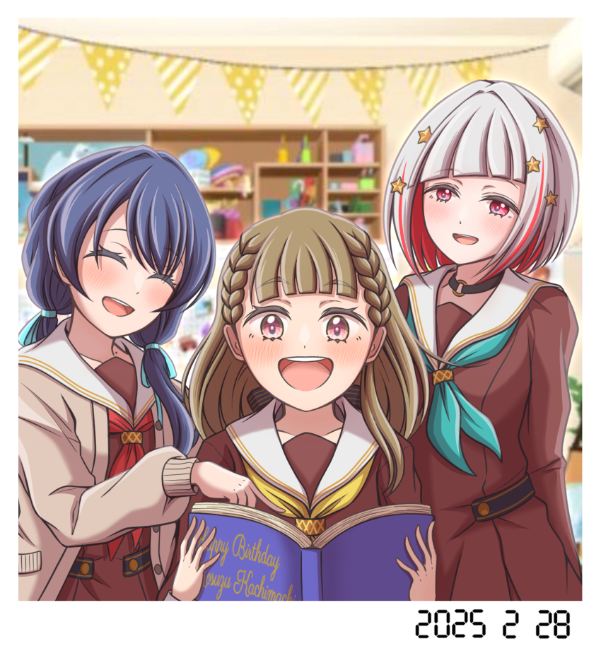 3girls :d ^_^ aqua_neckerchief black_bow black_choker blue_hair blue_ribbon blurry blurry_background bob_cut book bow braid brown_cardigan brown_dress brown_hair cardigan center-flap_bangs choker closed_eyes colored_inner_hair commentary_request dated diagonal_bangs dollchestra dress fake_photograph ganbarai grey_hair hair_bow hair_ornament hair_ribbon hasu_no_sora_school_uniform highres holding holding_book indoors inverted_bob kachimachi_kosuzu link!_like!_love_live! long_hair long_sleeves looking_at_another love_live! low_twintails mole mole_on_neck multicolored_hair multiple_girls murano_sayaka neckerchief o-ring o-ring_choker open_book open_cardigan open_clothes open_mouth pink_eyes pointing red_eyes red_hair red_neckerchief ribbon sailor_collar sailor_dress school_uniform short_hair side_braids smile star_(symbol) star_hair_ornament straight_hair streaked_hair string_of_flags teeth twintails upper_teeth_only virtual_youtuber white_sailor_collar winter_uniform yellow_neckerchief yugiri_tsuzuri