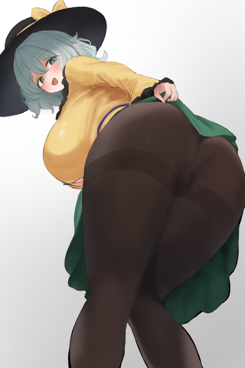 1girl absurdres alternate_breast_size_(larger) ass black_hat blush breasts brown_pantyhose feet_out_of_frame green_skirt grey_hair hat highres huge_breasts komeiji_koishi long_sleeves looking_at_viewer looking_back moriforest1040 panties panties_under_pantyhose pantyhose presenting presenting_ass shirt simple_background skirt smile solo thighband_pantyhose touhou underwear white_panties yellow_shirt