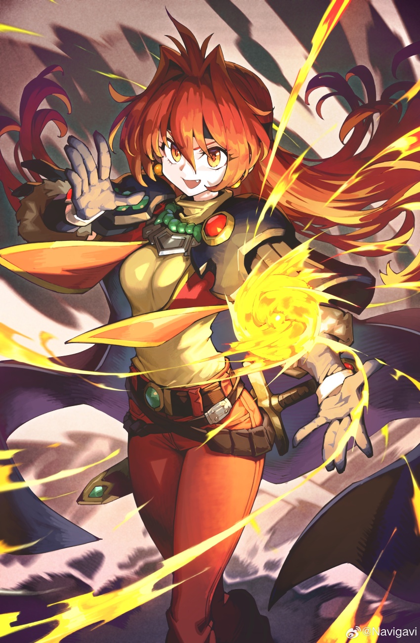 1girl absurdres armor belt black_cape black_headband breasts brown_belt brown_gloves cape chinese_commentary commentary_request commission earrings fang feet_out_of_frame fireball floating_hair gloves hair_between_eyes hair_intakes headband highres jewelry jun_(navigavi) lina_inverse long_hair looking_at_viewer medium_breasts open_mouth orange_eyes orange_hair pants pauldrons red_pants sheath sheathed shirt shoulder_armor skeb_commission slayers smile solo sphere_earrings standing sword v-shaped_eyebrows very_long_hair watermark weapon weibo_watermark yellow_shirt