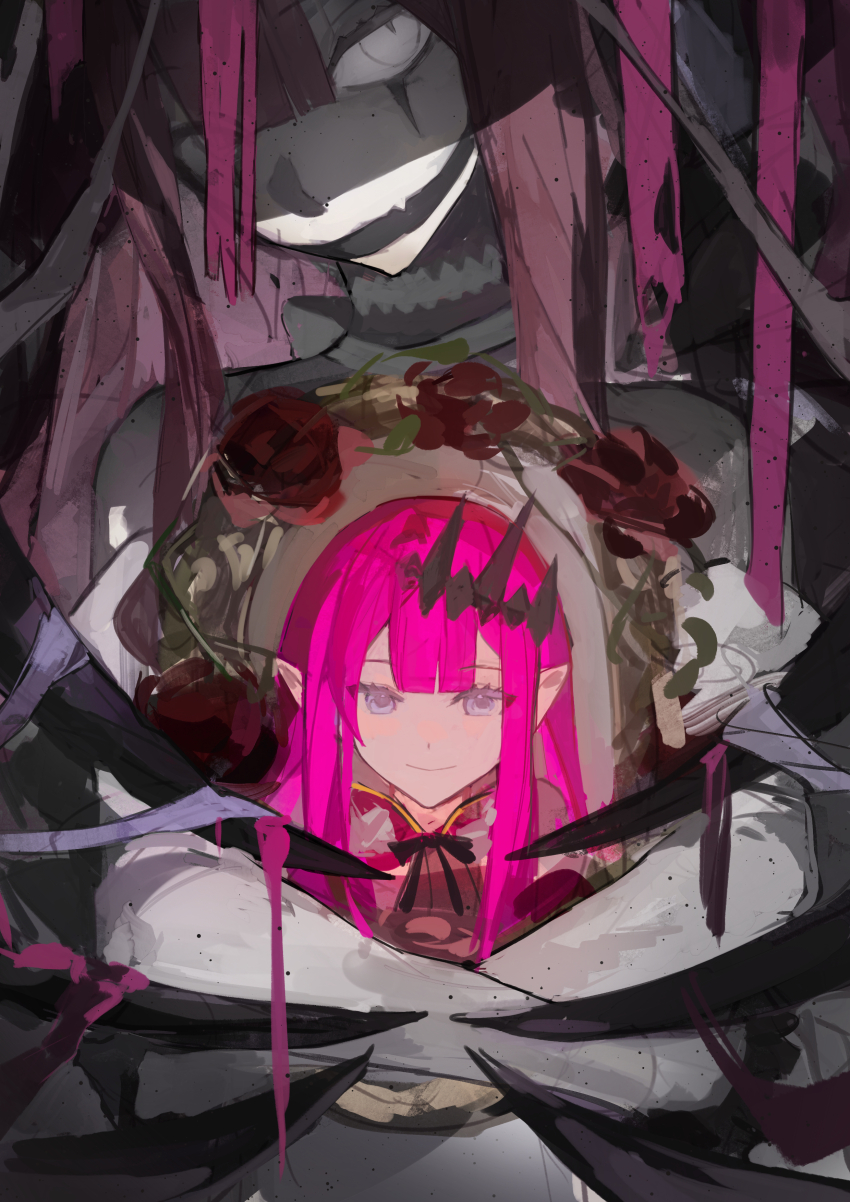 2girls absurdres baobhan_sith_(fate) baobhan_sith_(first_ascension)_(fate) baobhan_sith_(third_ascension)_(fate) bare_shoulders breasts detached_collar detached_sleeves dress dual_persona facial_mark fangs fate/grand_order fate_(series) flower fui_(fui29493452) gag grey_eyes hairband highres lbreasts long_hair looking_at_viewer multiple_girls pink_hair pointy_ears red_dress rose sidelocks tiara white_dress