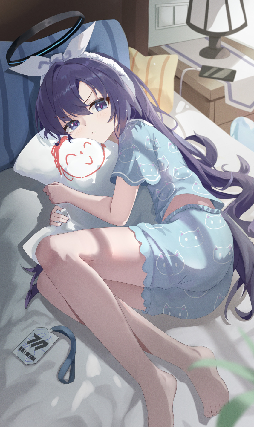 &gt;:( 1girl absurdres animal_print barefoot bed blue_archive blue_eyes blue_pajamas blurry blush bow cat_print character_print chinese_commentary commentary depth_of_field doodle_sensei_(blue_archive) dutch_angle film_grain full_body hair_bow hair_intakes hair_spread_out halo highres hugging_object indoors knees_together_feet_apart long_hair lying mechanical_halo mixian official_alternate_costume on_bed on_side pajamas pillow pillow_hug pink_pupils print_pajamas print_pillow purple_hair sensei_(blue_archive) short_sleeves solo toenails toes v-shaped_eyebrows very_long_hair white_bow yuuka_(blue_archive) yuuka_(pajamas)_(blue_archive)