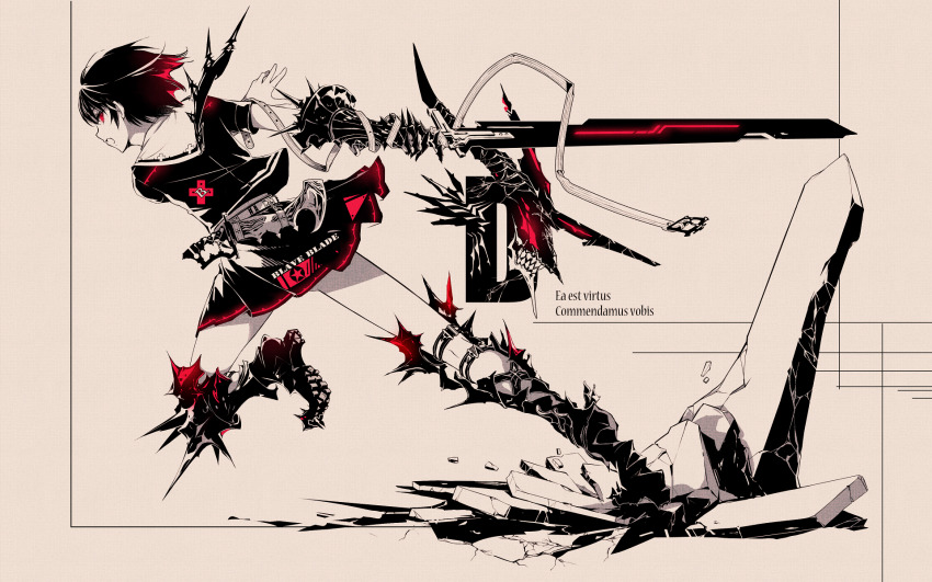 1girl armor armored_boots attack black_hair boots commentary_request fantasy gauntlets highres holding holding_sword holding_weapon latin_text limited_palette original red_eyes school_uniform serafuku short_hair skirt solo spiked_armor sumi_keiichi sword tactical_school_uniform weapon