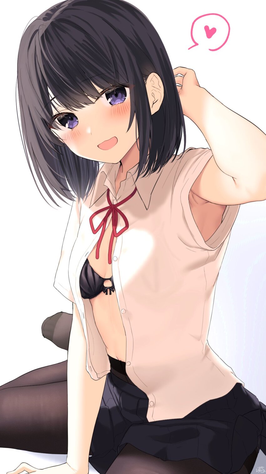 1girl arm_up armpit_peek armpits black_hair black_hair-chan_(ramchi) black_skirt bow collared_shirt commentary highres light_blush looking_at_viewer medium_hair original out_of_frame pantyhose purple_eyes ramchi red_bow school_uniform shirt sitting skirt solo swept_bangs unbuttoned unbuttoned_shirt white_background white_shirt