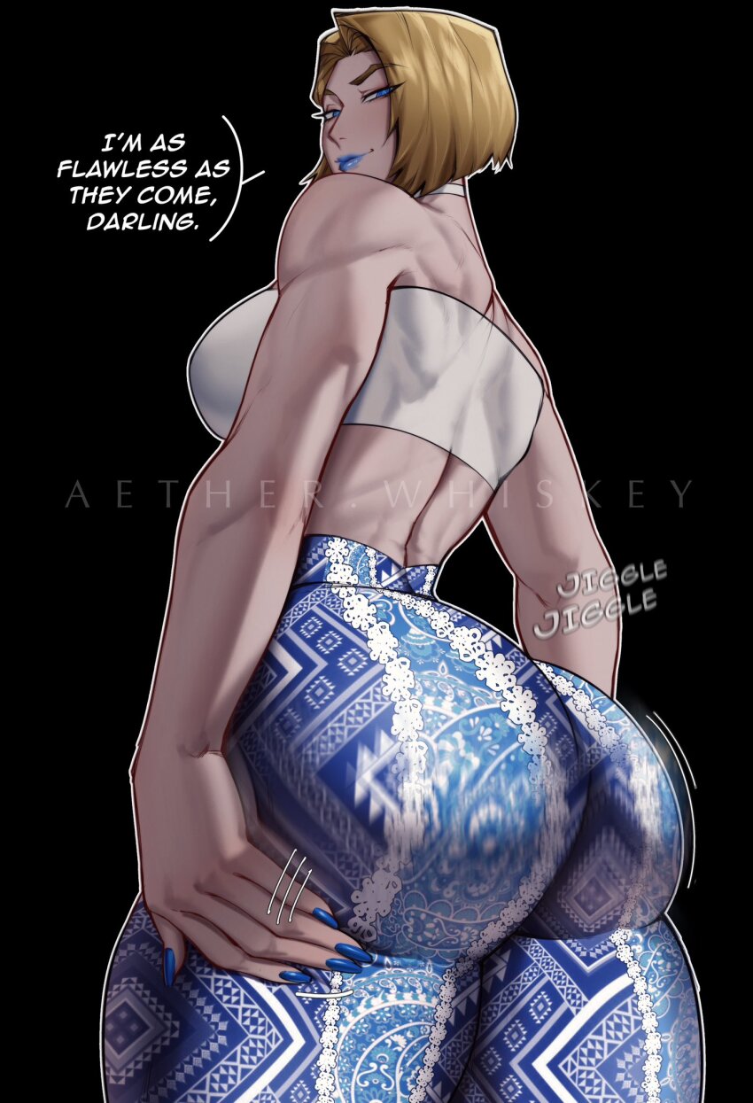 1girl aether.whiskey alternate_costume artist_name ass ass_focus ass_shake black_background blonde_hair blue_eyes blue_lips blue_nails blue_pants bob_cut breasts emma_frost english_text forbidden_pants grabbing_own_ass highres huge_ass large_breasts looking_at_viewer looking_back marvel marvel_rivals meme_attire motion_blur pants presenting presenting_ass print_pants short_hair simple_background solo strapless tube_top two-tone_pants watermark white_tube_top