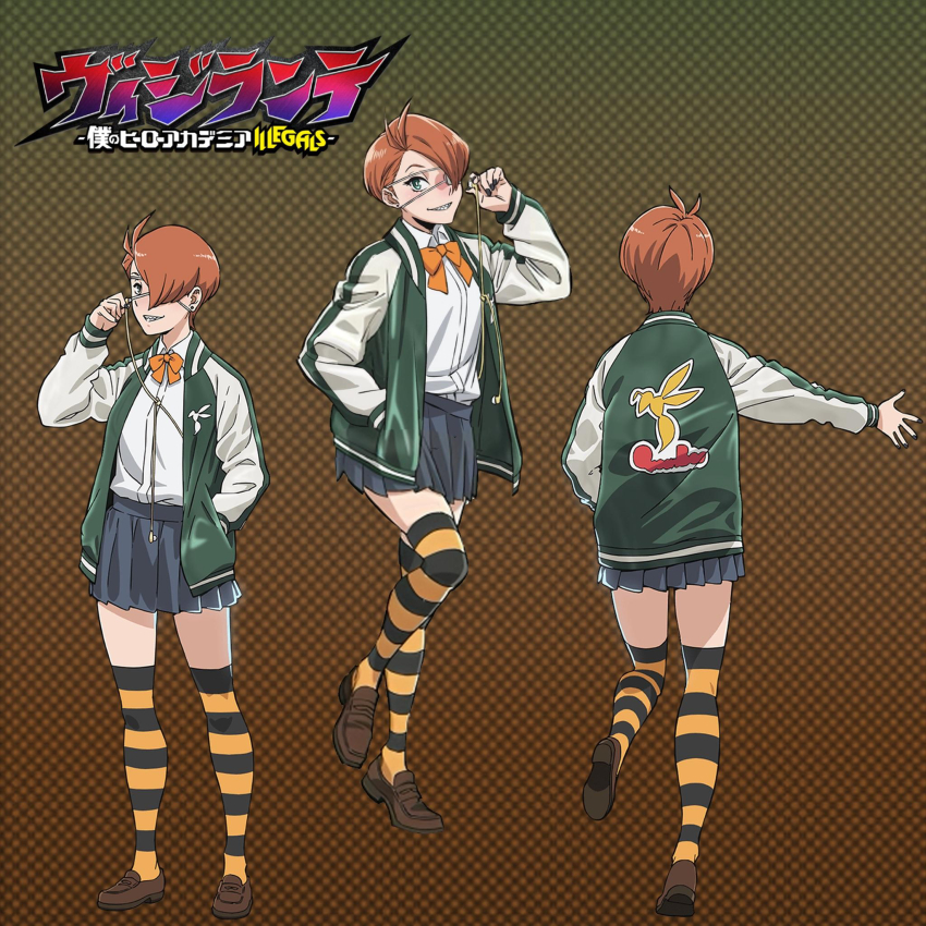 1girl bee boku_no_hero_academia bow bowtie breasts brown_shoes bug earphones earrings eyepatch female_focus full_body green_eyes green_jacket grey_skirt grin hachisuka_kuin hair_over_one_eye highres insect jacket jewelry kneehighs looking_at_viewer looking_away_from_viewer miniskirt multicolored_kneehighs multicolored_thighhighs multiple_views official_art one_eye_covered orange_bow orange_bowtie orange_hair pleated_skirt school_uniform sharp_teeth shirt shirt_tucked_in shoes short_hair skirt small_breasts smile socks solo solo_focus striped_clothes striped_thighhighs teeth thighhighs thighs vigilante_-boku_no_hero_academia:_illegals- white_eyepatch white_shirt